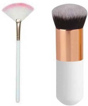 Sunisa 1 White Slim Fan Makeup Highlighter Cosmetic Makeup Brush And 1 White Mini Foundation Brush For Womens And Girls  (Pack 