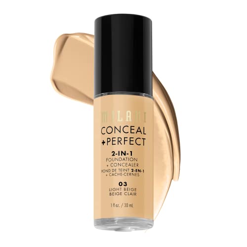 Milani Conceal + Perfect Liquid Foundation - Light Beige, 1 Fl. Oz. Cruelty-Free, Water-Resistant, Oil-Free, Medium-To-Full Cove
