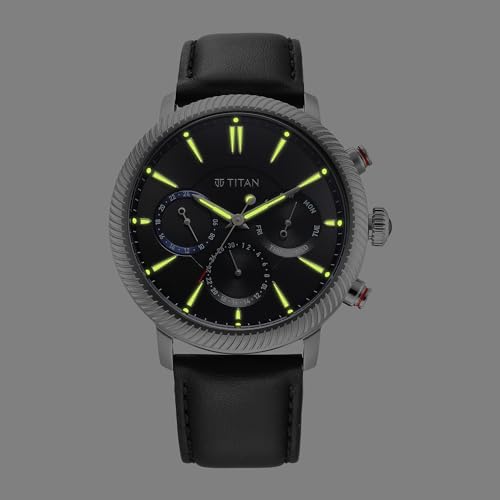 Titan Regalia Stellar Quartz Multifunction Black Dial Leather Strap Watch for Men-NS10012SL01/NT10012SL01