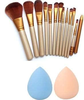 Sunisa Brown Soft Bristles Makeup Brushes Set Of 12 With 2 Multicolour Beauty Blender Makeup Sponge  (Pack Of 14)