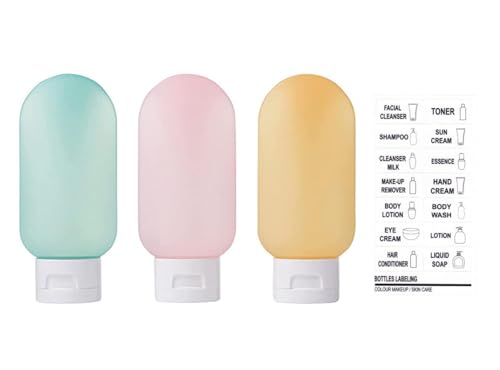 Inovera (Label) 3 Pcs Travel Toiletries Refillable Shampoo Body Lotion Squeeze Bottles Kit 60Ml (Multicolor)