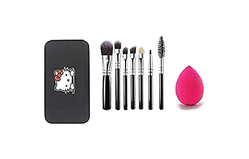 Sunisa Black Soft Bristles Makeup Brushes Set Of 7 With Aluminium Storage Box And 1 Pink Beauty Blender Sponge  (Pack Of 8)