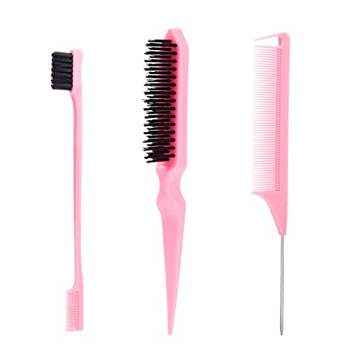 SWEET VIEW 3 Pcs Slick Back Hair Brush Set with 1 Pcs Edge Brush 1 Pcs Bristle Hair Brush 1 Pcs Rat Tail Comb, Teasing Brush for