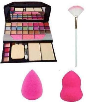 Datnasayad Fan Brush For Face Makeup Highlighter, Professional Wooden Makeup Brush Single & 6155 Makeup Kit+ 2 Pc Beauty Blender