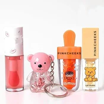 Cute Mini Lip Gloss Combo Set Of 4 | Heart, Candy, Toffee & Bottle Design | Natural Pink Tint Flavored Gloss Gift Set For Girls 