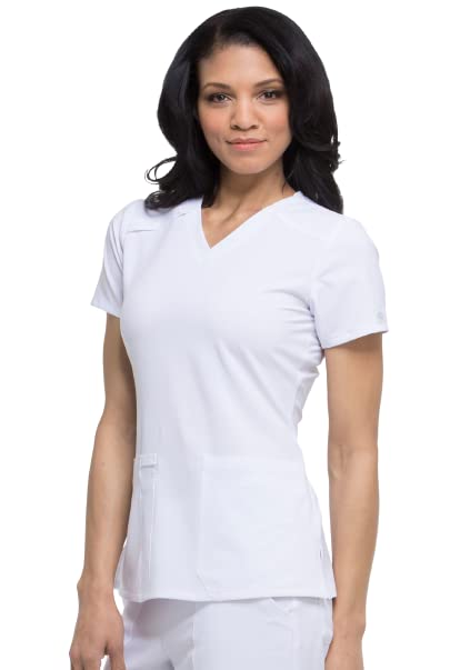 Dickies EDS Essentials Scrubs, V-Neck Womens Tops with Four-Way Stretch and Moisture Wicking DK615, XL, White