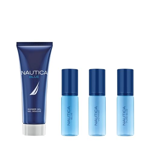 Nautica Blue, Voyage, And Pure Blue 4 Piece Gift Set, Notes Of Basil, Jasmine, And Cedarwood, Men'S Fragrance, Long Lasting, Eve