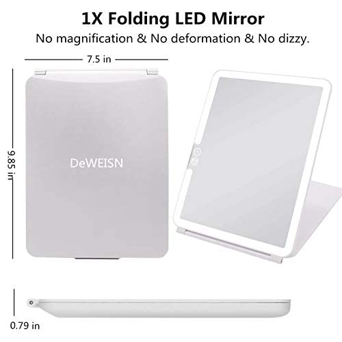 Deweisn Folding Lighted Makeup Mirror With 72 Leds 3 Colors Light Modes Usb Rechargable 1800Ma Batteries Portable Ultra Thin Com