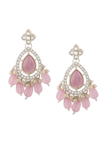 Zaveri Pearls Pink Cat Eye Stones & Kundan Dazzling Austrian Diamond Ethnic Drop Earring For WomenZpfk16594