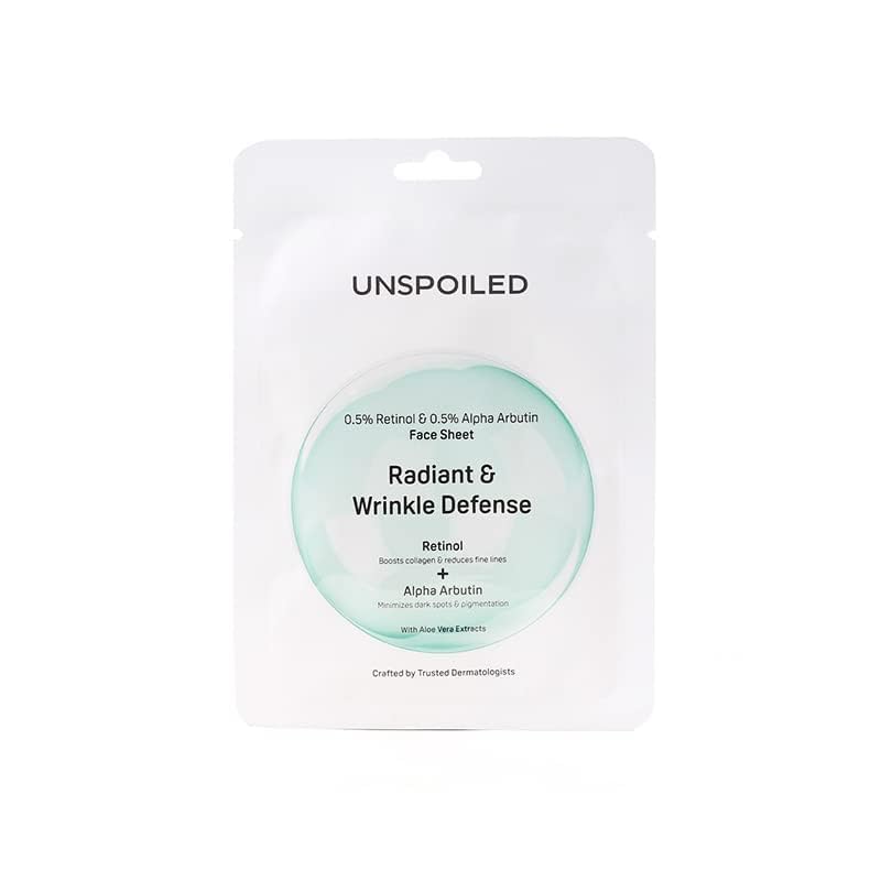 Unspoiled Face Sheet Mask With 0.5% Retinol & 0.5% Alpha Arbutin  Brightening Hydrating Anti Aging Facial Mask For Dark Spots, 