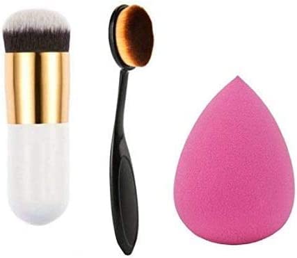 Rectyo Gallery Professional Foundation Brush With Oval Brush And Sponge Puff (Pack Of 3)  Multicolor