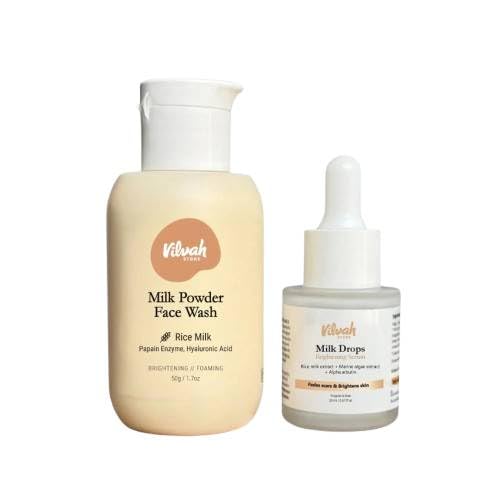 Vilvah Face Brightening Combo | Milk Powder Face Wash (50G) & Milk Drops Brightening Serum (20Ml) | Brightens Skin, Evens Tone &