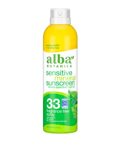 Alba Botancia Sensitive Mineral Sunscreen Clear Spray Spf 33, Fragrance Free, 6 Oz (Packaging May Vary)