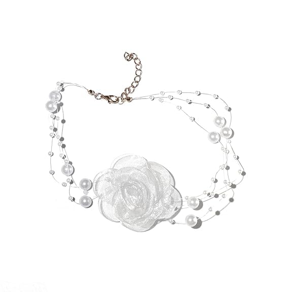 Ziory Floral Applique Pearl Embellished Choker Necklace, White Lace Flower Tie Cravat Necklace For Bride Wedding Party, Women Te