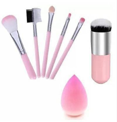 Sunisa Pink 7 Pcs Soft Pink Makeup Brushes Set And 1 Pink Foundation Brush With 1 Pink Beauty Blender Womens & Girls  (Pack Of 