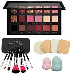 Glowhouse Face Combo Of Eyeshadow 18 Shades With 7Pc Makeup Brush Set And 6In1 Makeup Sponge Blender (Multicolour, 3 Items In Se