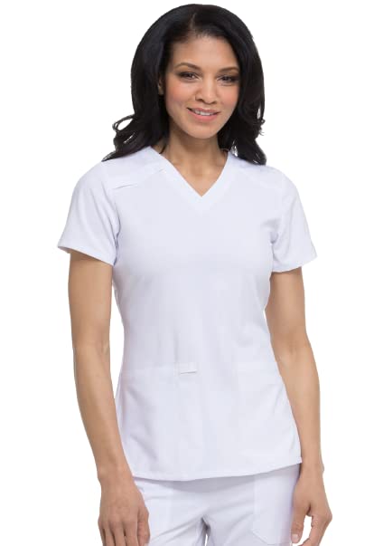Dickies EDS Essentials Scrubs, V-Neck Womens Tops with Four-Way Stretch and Moisture Wicking DK615, XL, White