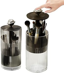 Makeup Brush Holder [Upgrade] With One Touch Open,Makeup Organizer Countertop With Dustproof Lid,Clear Makeup Organizers For Van