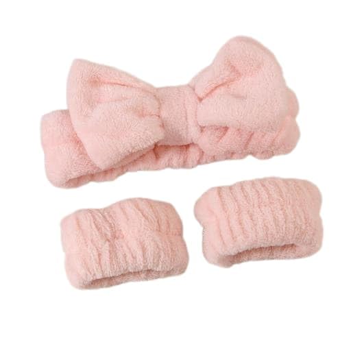 WomenS Hair Tie And Wristband ThreePiece Set  Solid Color High Elasticity Bow Hair Tie And Soft Face Washing Wristband  Comf