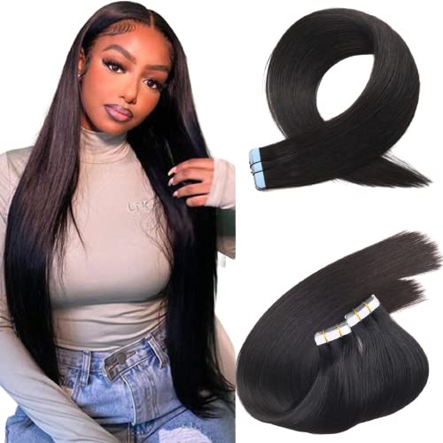 Tape In Hair Extensions Human Hair,Natural Black Straight Tape Ins 9A Brazilian 100% Real Human Hair Extensions Double Sided Inv