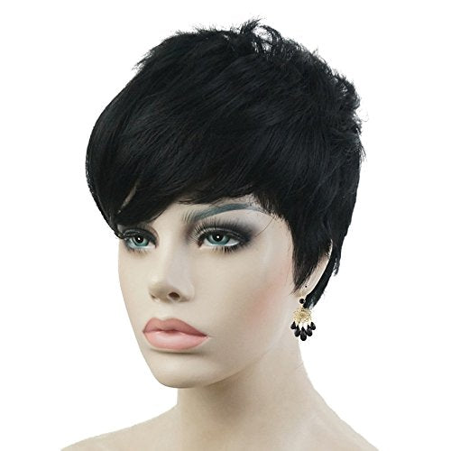 Lydell Short Asymmetry Side Bang Straight Wig Natural Black Full Synthetic Wigs