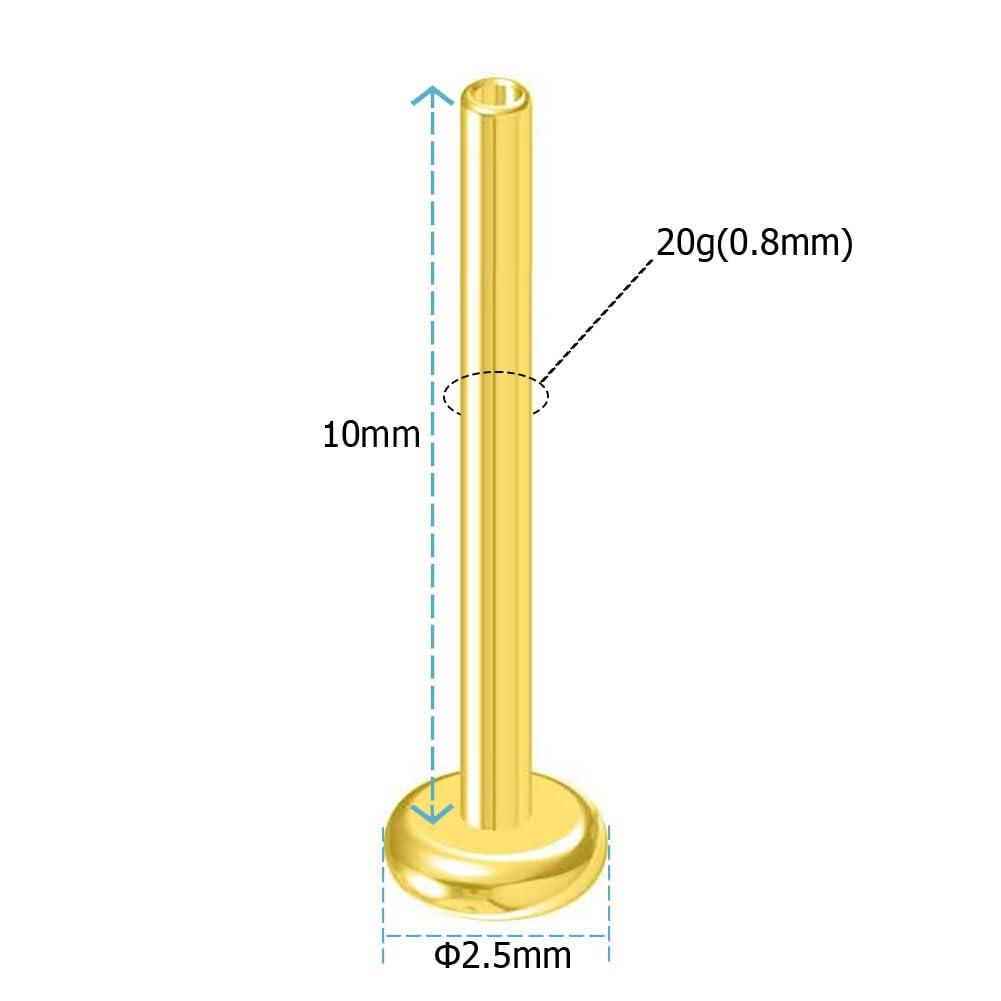 NewkeepsR 20G  10mm Gold Plated Threadless Flat Back Labret Stud Post Replacement, Implant Grade 0.8mm Press Fit Flatback Push I
