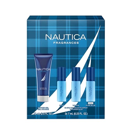 Nautica Blue, Voyage, And Pure Blue 4 Piece Gift Set, Notes Of Basil, Jasmine, And Cedarwood, Men'S Fragrance, Long Lasting, Eve