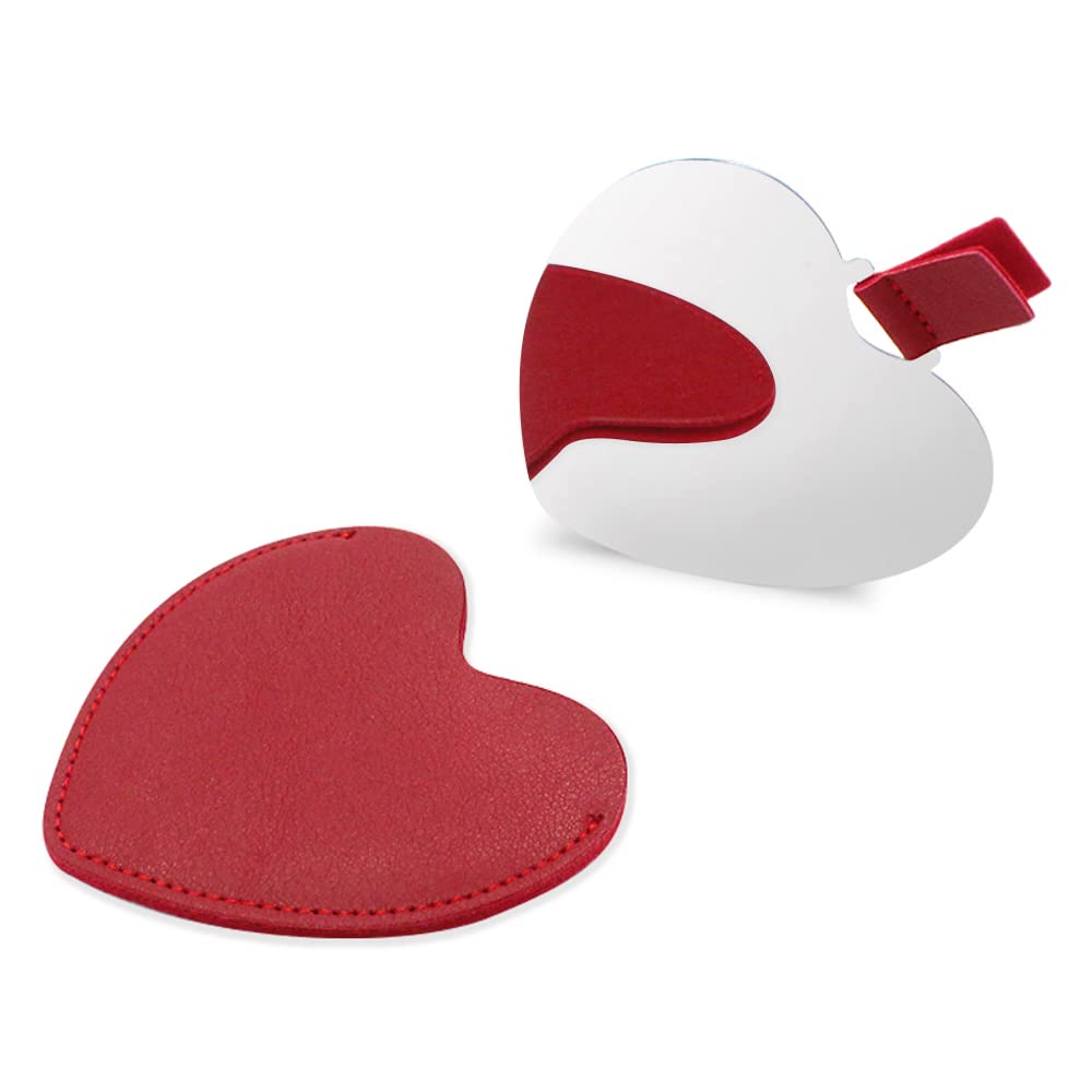Compact Stainless Steel Mirror, Heart Shaped Shatterproof Pocket Mirror with PU Leather Sleeve, Mini Unbreakable Purse Mirror Po