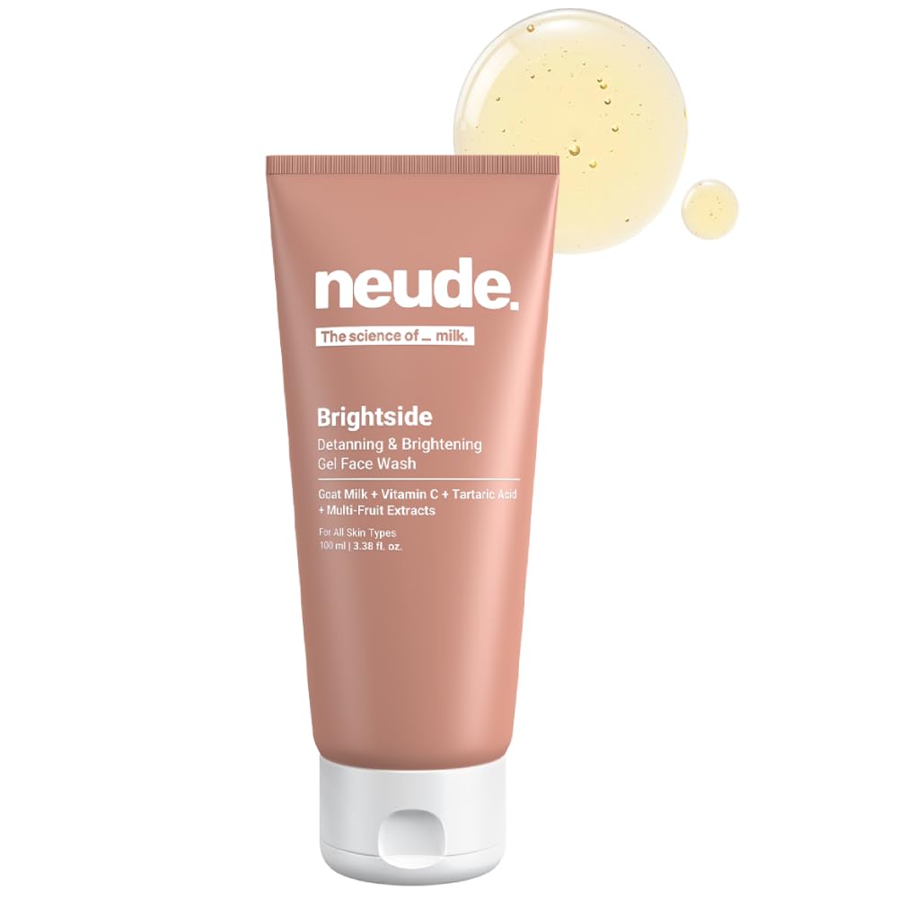 Neude Brightside 100Ml Detan & Brightening Gel Face Wash With Goat Milk, Vitamin C & Tartaric Acid For Dark Spot Removal, Pigmen