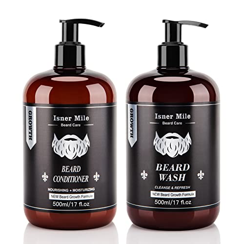 Beard Wash And Conditioner Set (Large 17 Oz Each), New Beard Growth Formula With Biotin Argan & Jojoba Oils, Smooth Soften Stren