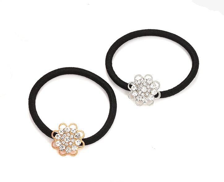 LOVEF 2 Pcs Korean Style Hair Jewelry Gold Plated Crystal Rhinestone Flower Elastic Ponytail Holder Hair Tie Rope Band Ring Rubb