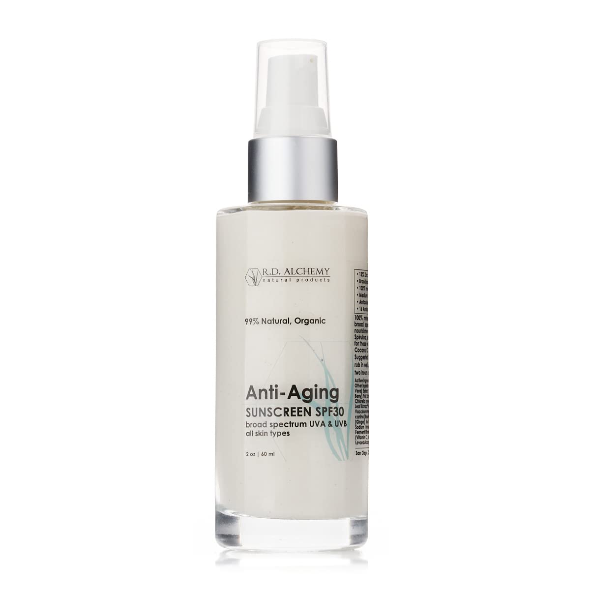 RD Alchemy  99% Natural, Organic AntiAging SPF Sunscreen. Zinc Oxide & Titanium Dioxide, Non Nano  Lightweight Non Greasy SPF