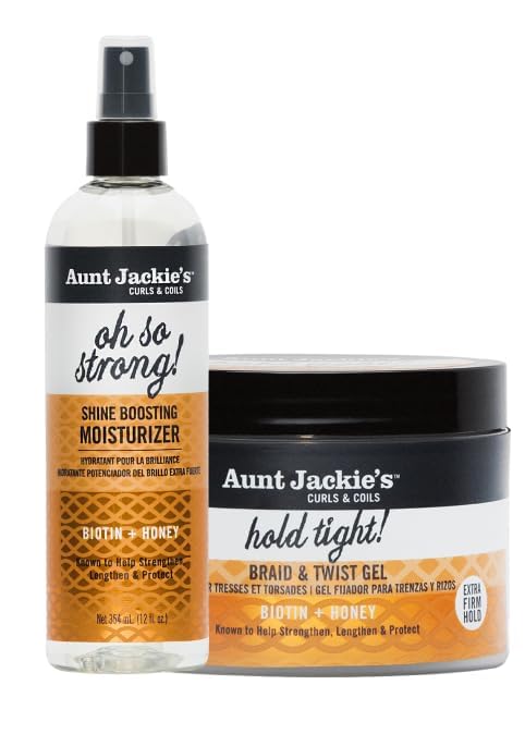 Aunt Jackies Curls & Coils Shine Strong & Hold Tight Bundle  Includes 7.5oz Braid & Twist Gel | 12 fl oz Shine Boosting Moistu