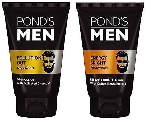 PondS Men Pollution Out Activated Charcoal Deep Clean Facewash, 100G & MenS Energy Bright Face Wash Coffee Beans Bright Skin, 