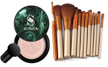 Sunisa 1 Bb Cc Cream Foundation With 1 Mushroom Head Air Cushion 20G And 12 Pcs Brown Makeup Brushes Set  (Pack Of 14)
