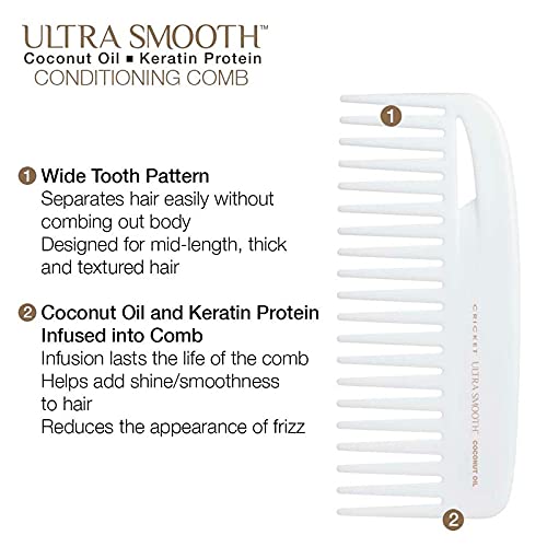 Cricket Ultra Smooth Coconut Conditioning Comb Anti-Frizz Detangler For Mid-Length, Thick And Textured Hair With Keratin Protein