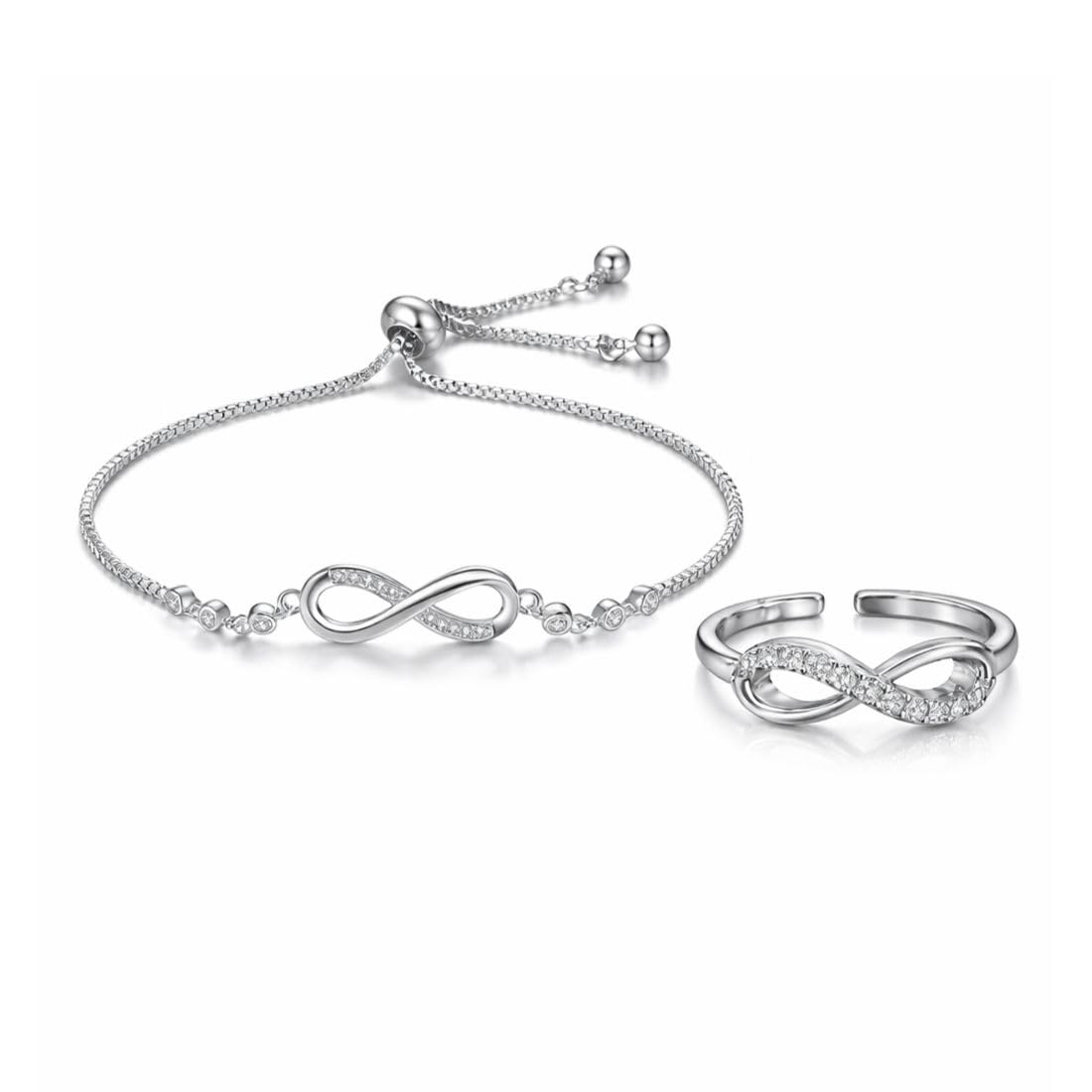 NiluS Collection Infinity Shape Cubic Zirconia Diamond Bracelet For Women Jewelry For Gift, Adjustable Charm Bracelet (Silver B