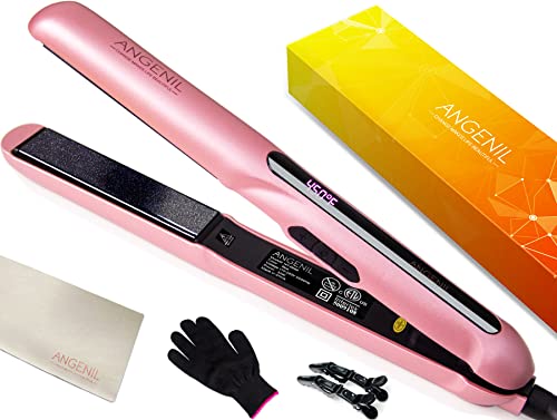 ANGENIL Argan Oil Flat Iron for Women, Hair Straightener and Curler 2 in 1, Professional Portable Ceramic Pink Hair Straightener