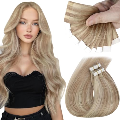 Sunny Hair Tape in Hair Extensions Real Human Hair Invisible Remy Hair Extensions Tape ins for Women Ash Blonde Highlight Bleach