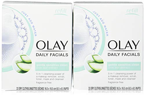 Olay Daily Facials Gentle Clean 5-In-1 Water Activated Cloths With Vitamin E For Younger Looking Skin, 33 Ea (Pack Of 2)