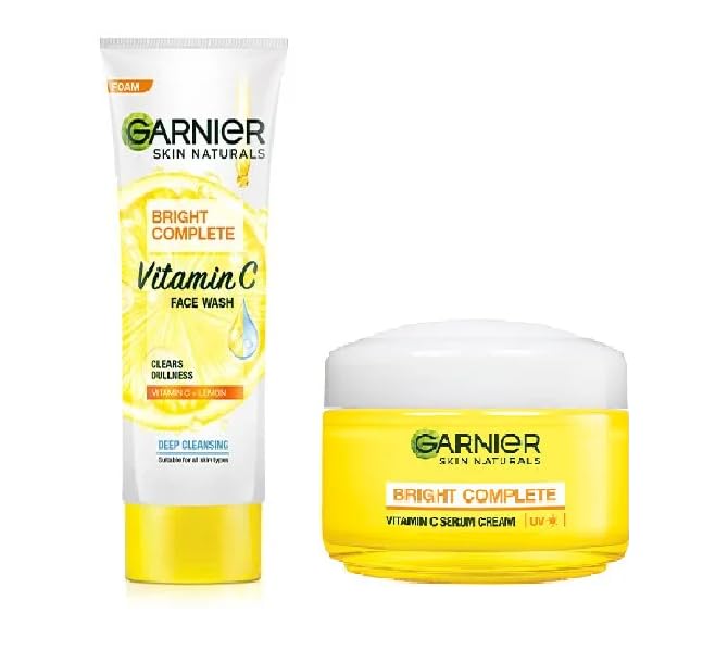 Garnier Bright Complete Vitamin C Foam Facewash, 50G + Bright Complete Uv Serum Cream 45G (2 Item In Set) 95G