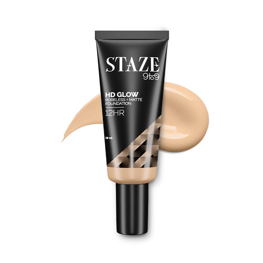 Staze 9To9 Hd Foundation | 12Hrs Longlasting | Poreless + Matte Flawless Finish | Full Coverage, Sweatproof & Easily Blendable |