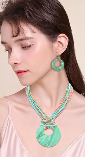 Coiris Multi Strand Statement Colorful Beaded Necklace with Big Circle Shell Pendant for Women (N0055)