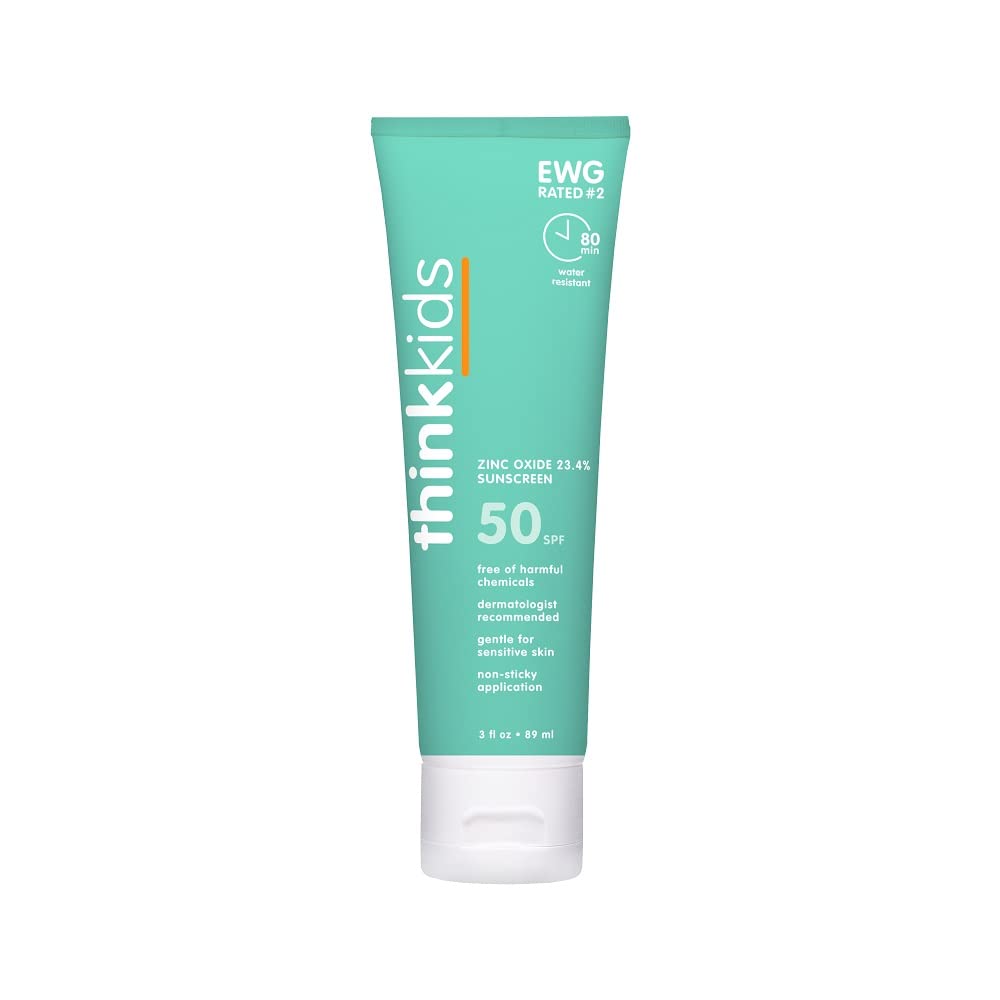 Thinkkids Safe Mineral Sunscreen Spf 50+, 3 Fl Oz, Natural, Water Resistant Reef Safe Sunscreen For Children, Broad Spectrum Uva