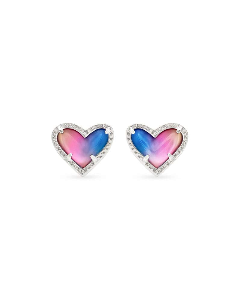 Kendra Scott Ari Heart Stud Earrings for Women, Fashion Jewelry, Rhodium-Plated, Watercolor Pearlized Clear Glass