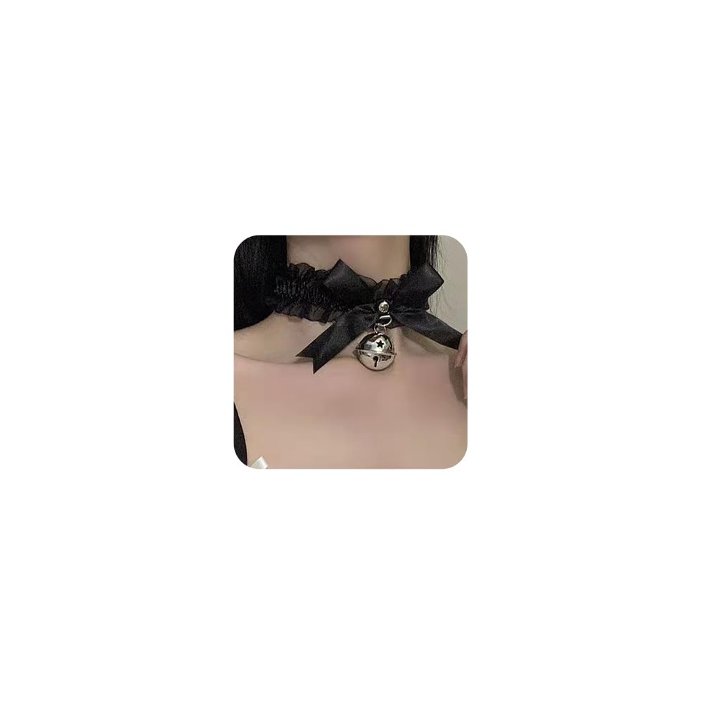 fxmimior Black Lace Choker Necklace Bell Pendant Necklace Sexy Women Black Accessories (black)