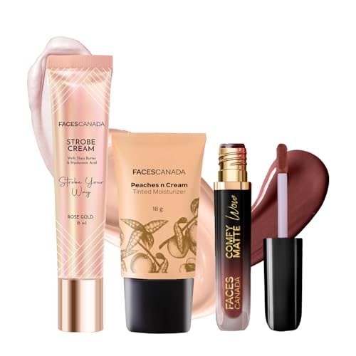 Faces Canada Super Quick Glam Combo - Strobe Cream - Rose Gold (18 Ml) + Tinted Moisturizer - Light 01 (18 Gm) + Comfy Matte Wow