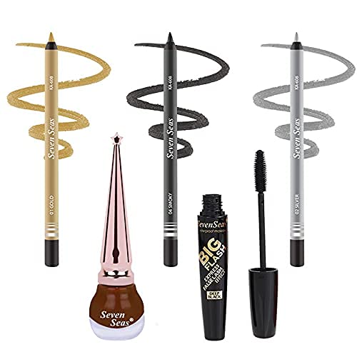 Double Intense Non Transfer Gel Kajal (Gold) & Silver & Black (Smoky), Deep Black Mascara Ma06, Color Eyeliner Ss5020