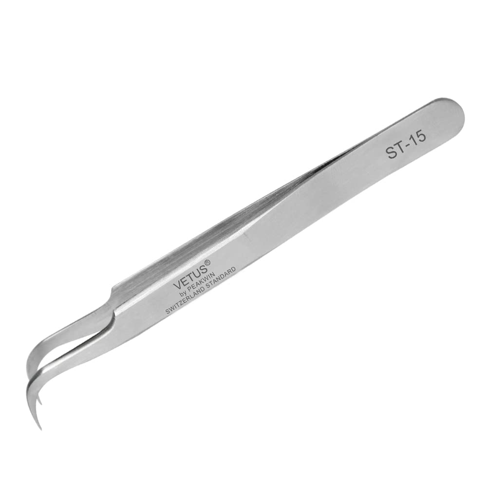 Vetus Tweezer Non-Magnetic Stainless Steel Curved Slant Tip Eyelash Eyebrow Tool St-15