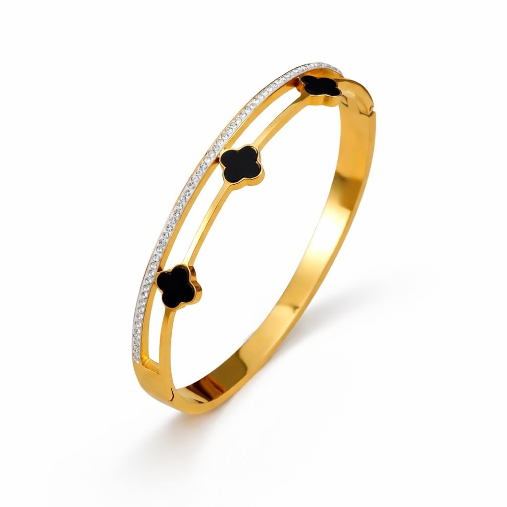 MEENAZ Gold Bangle Clover Bracelet for Women Stylish | Stainless Steel Black Floral Design Kada for Girls| Anti Tarnish Jeweller